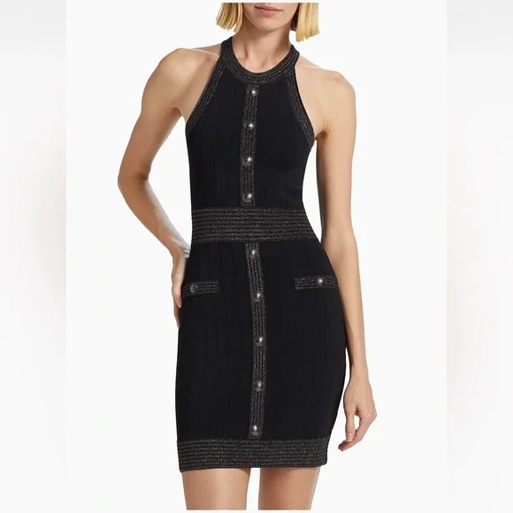 L'agence Anissa Button-Front Dress in Black/Gunmetal Lurex